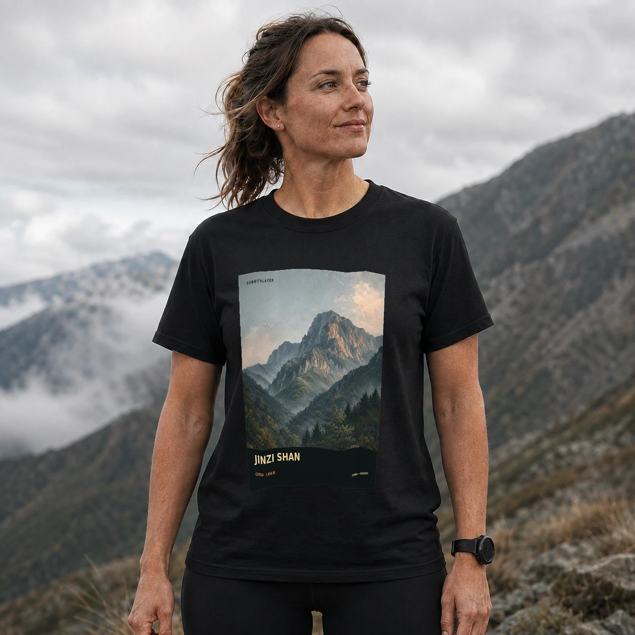Black Jinzi Shan T-shirt front with mountain artwork