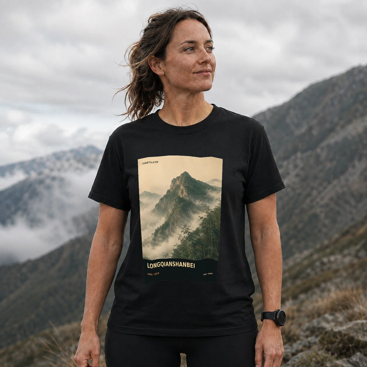 Black Longqianshanbei T-shirt front with mountain artwork