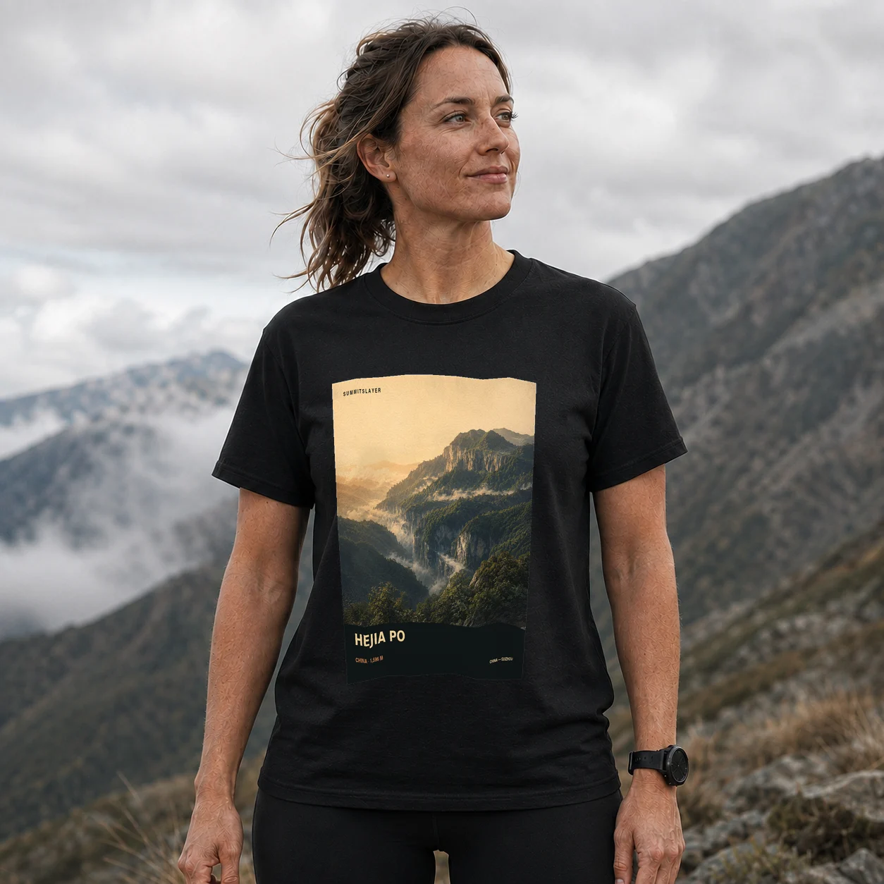 Black Hejia Po T-shirt front with mountain artwork