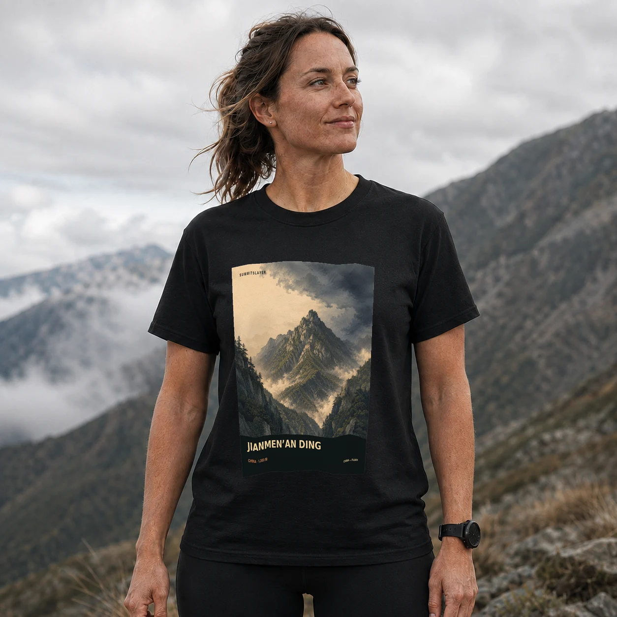 Black Jianmen’an Ding T-shirt front with mountain artwork