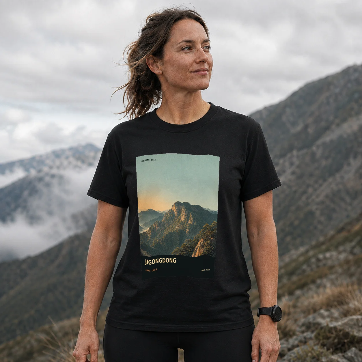 Black Jigongdong T-shirt front with mountain artwork