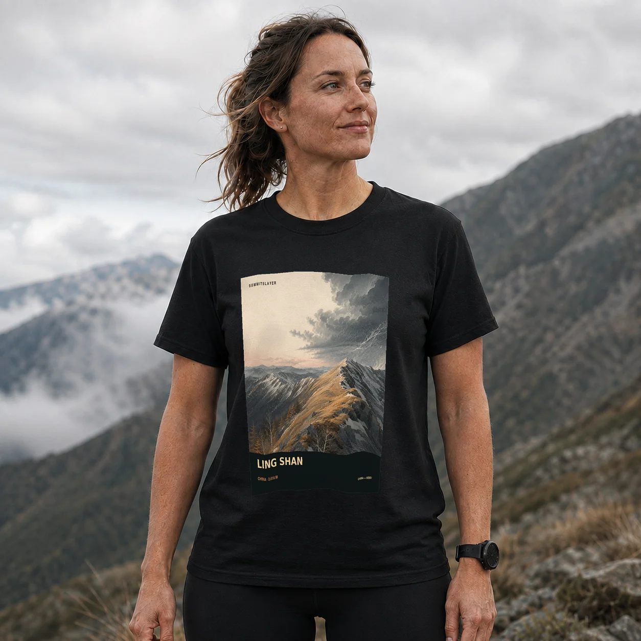 Black Ling Shan T-shirt front with mountain artwork