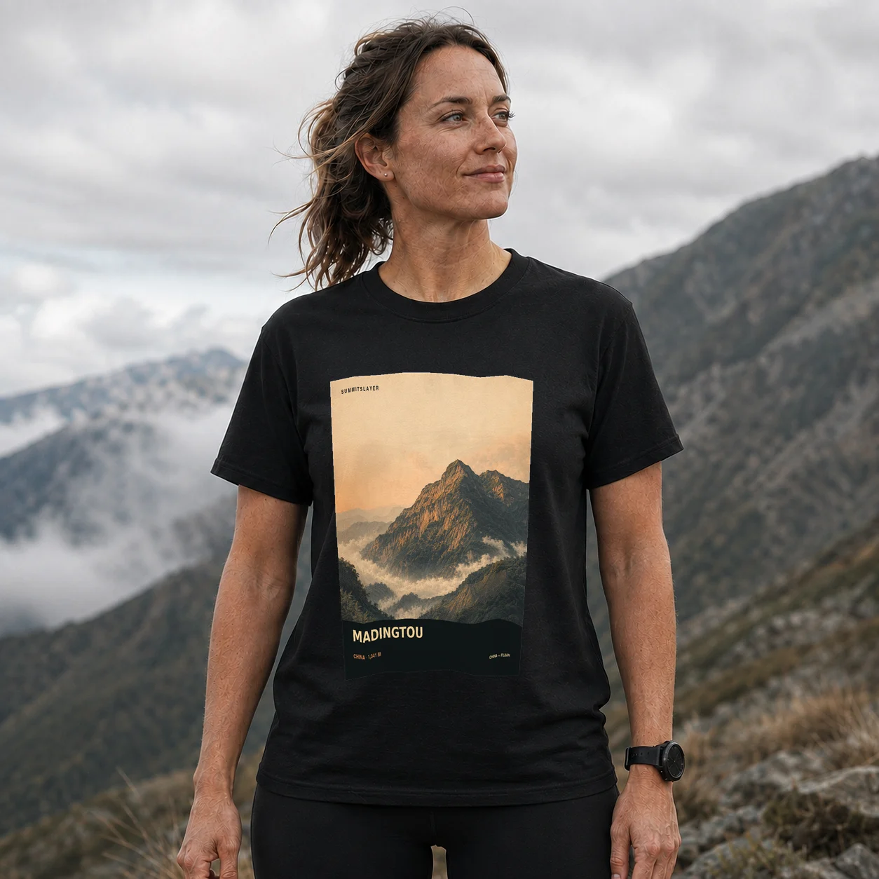 Black Madingtou T-shirt front with mountain artwork