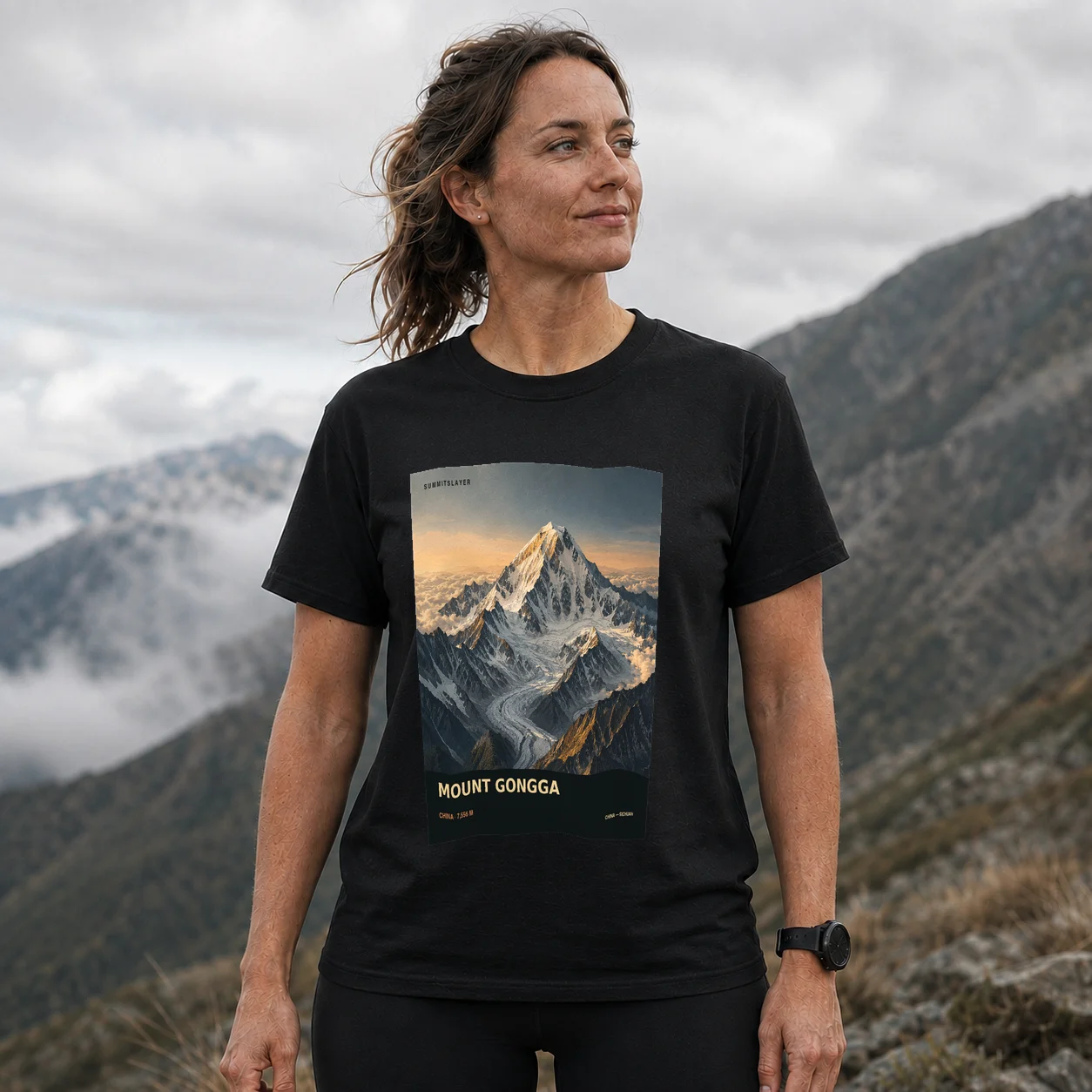 Black Gongga Shan T-shirt front with mountain artwork