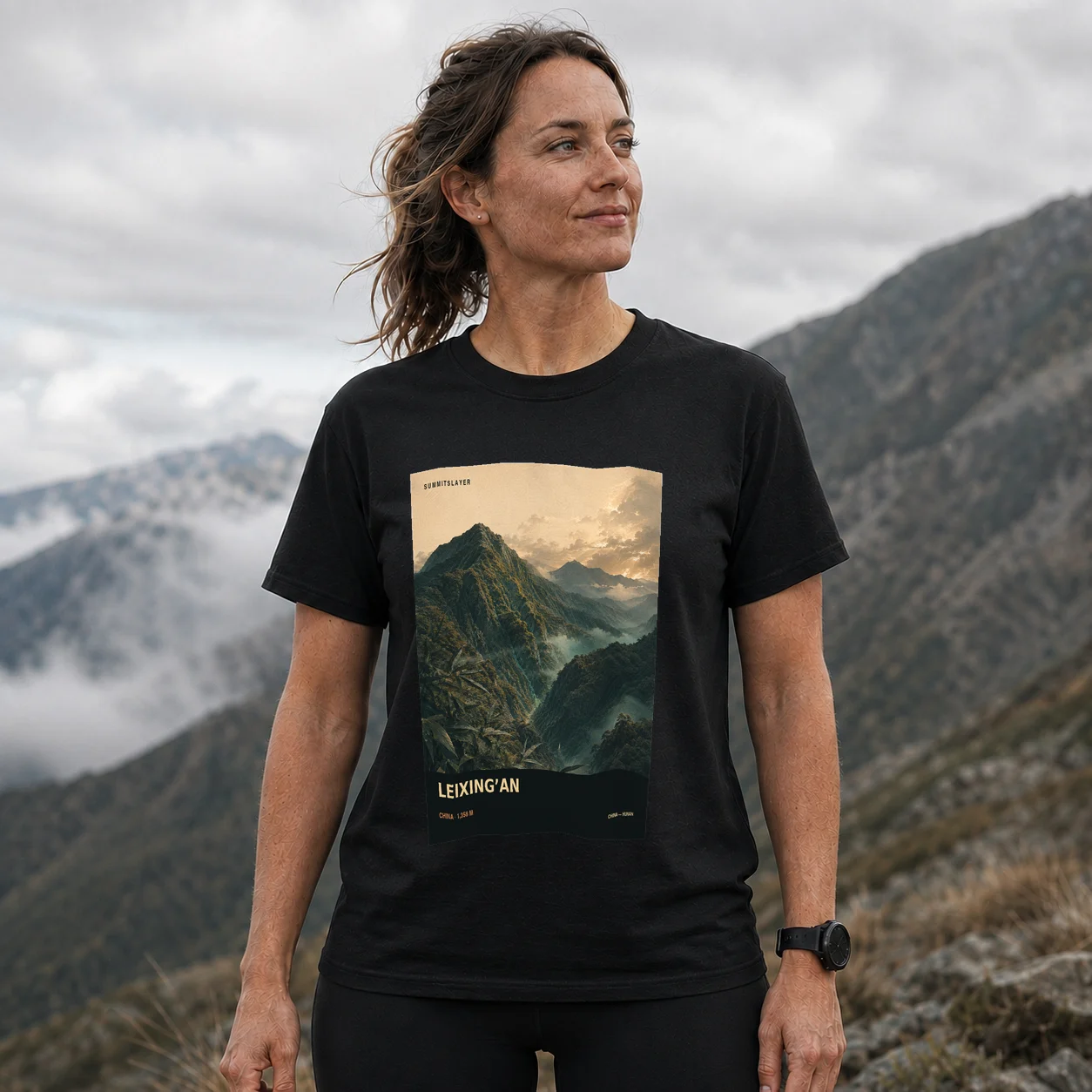 Black Leixing’an T-shirt front with mountain artwork