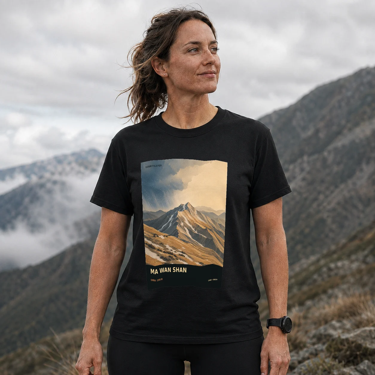 Black Nanhua Shan T-shirt front with mountain artwork