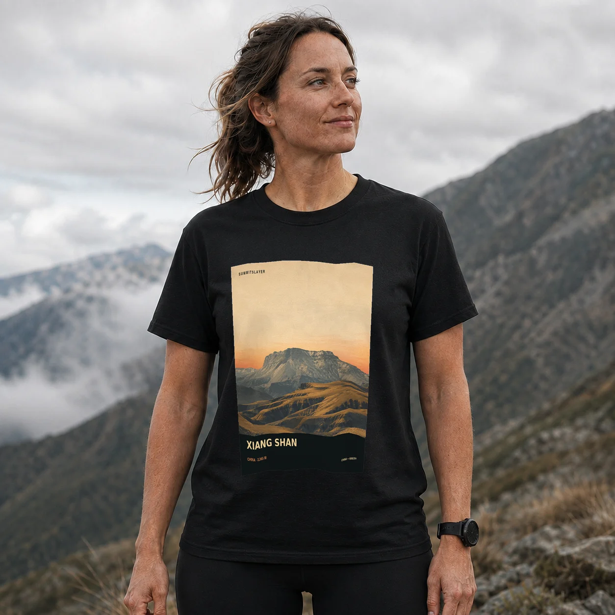 Black Xiang Shan T-shirt front with mountain artwork