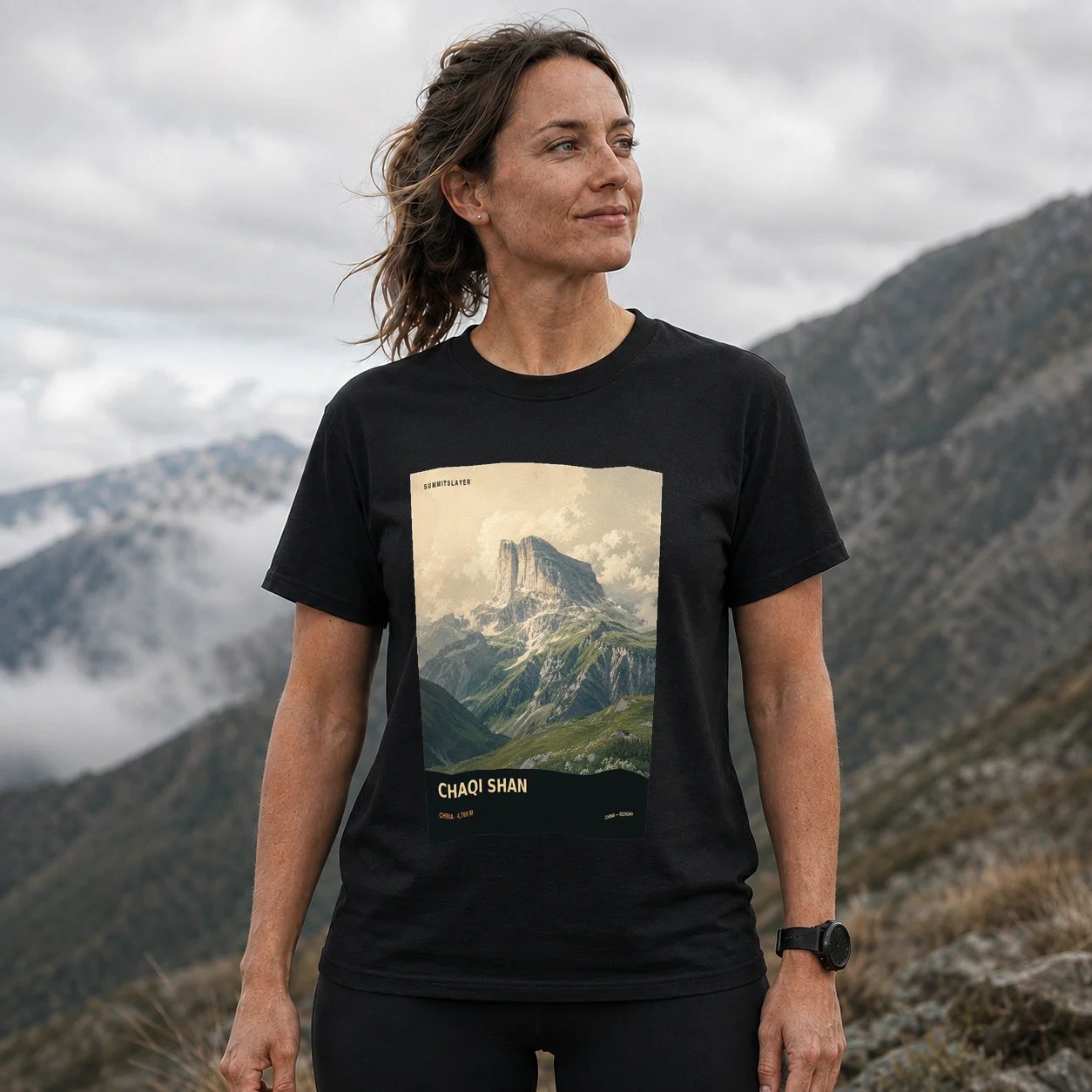 Black Chaqi Shan T-shirt front with mountain artwork