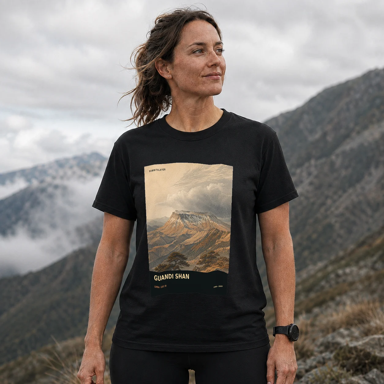 Black Guandi Shan T-shirt front with mountain artwork