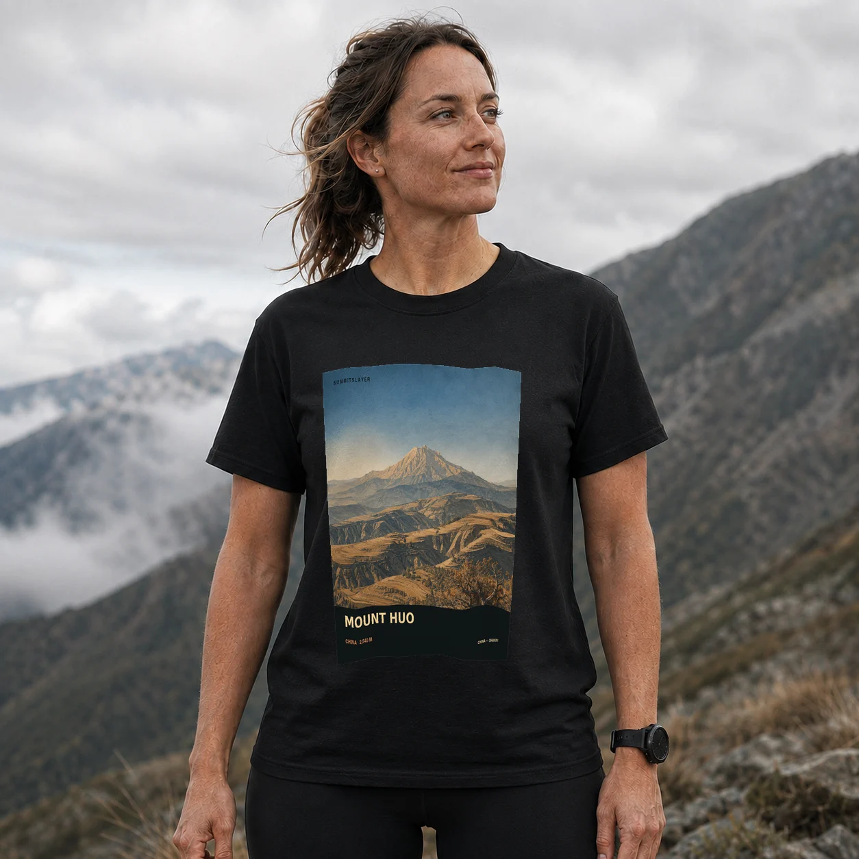Black Huo Shan T-shirt front with mountain artwork