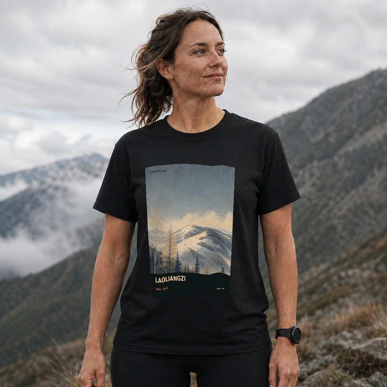 Black Laoliangzi Shan T-shirt front with mountain artwork