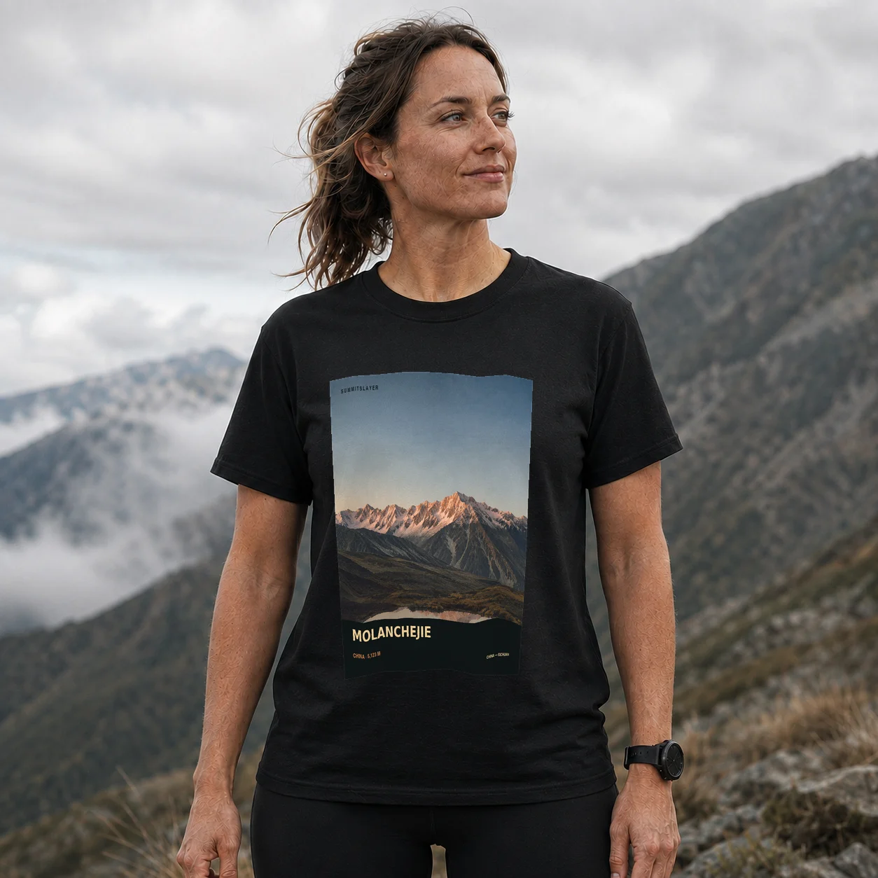 Black Molanchejie T-shirt front with mountain artwork