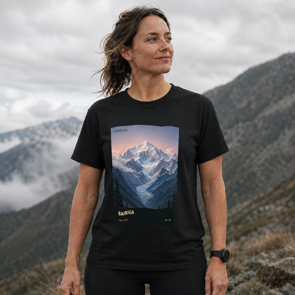 Black Bairiga T-shirt front with mountain artwork