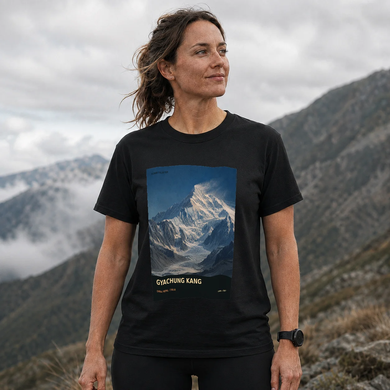 Black Gyachung Kang T-shirt front with mountain artwork