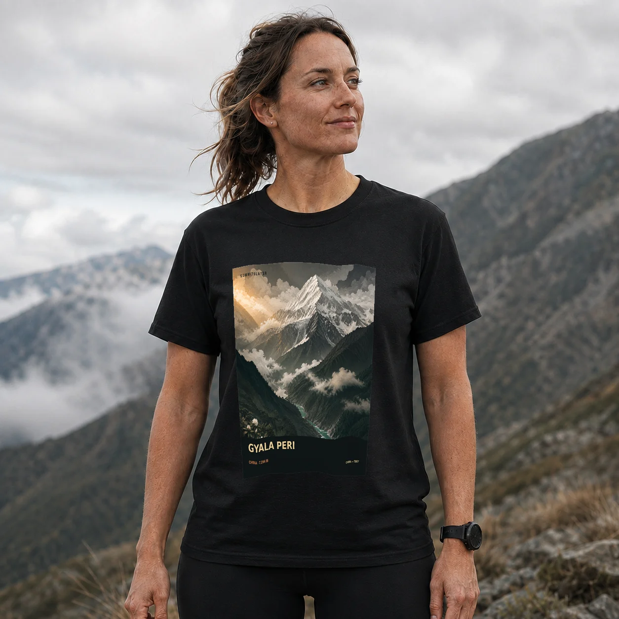 Black Gyala Peri T-shirt front with mountain artwork