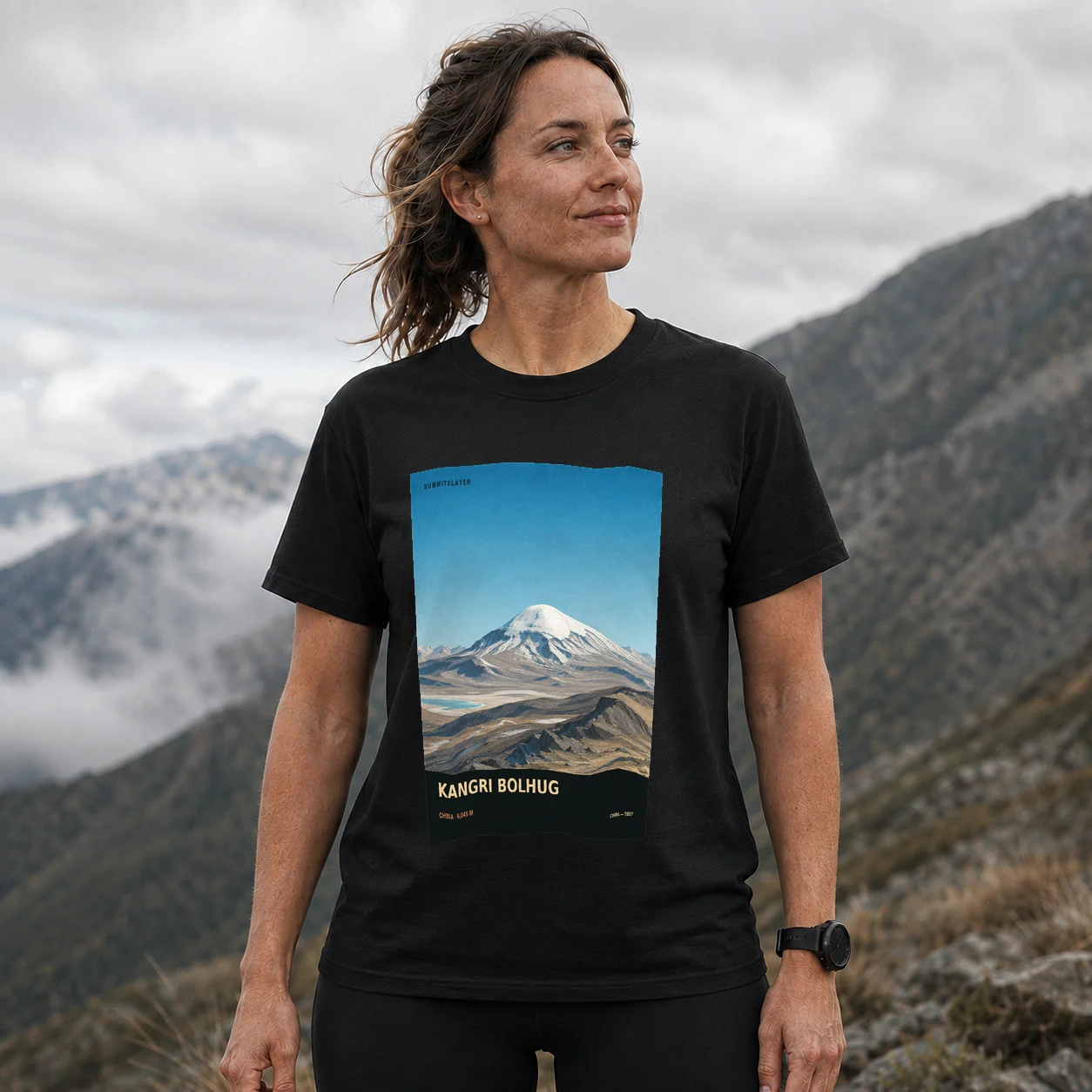 Black Kangri Bolhug T-shirt front with mountain artwork