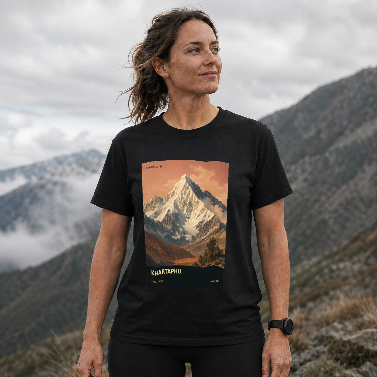 Black Kardapu T-shirt front with mountain artwork