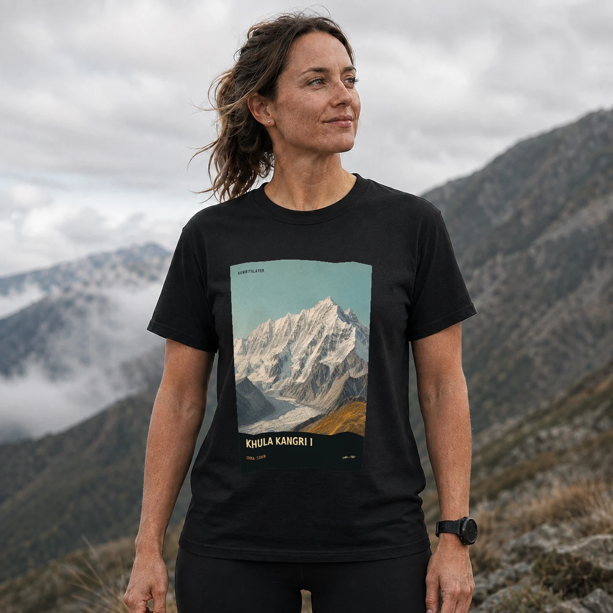 Black Kula Kangri T-shirt front with mountain artwork