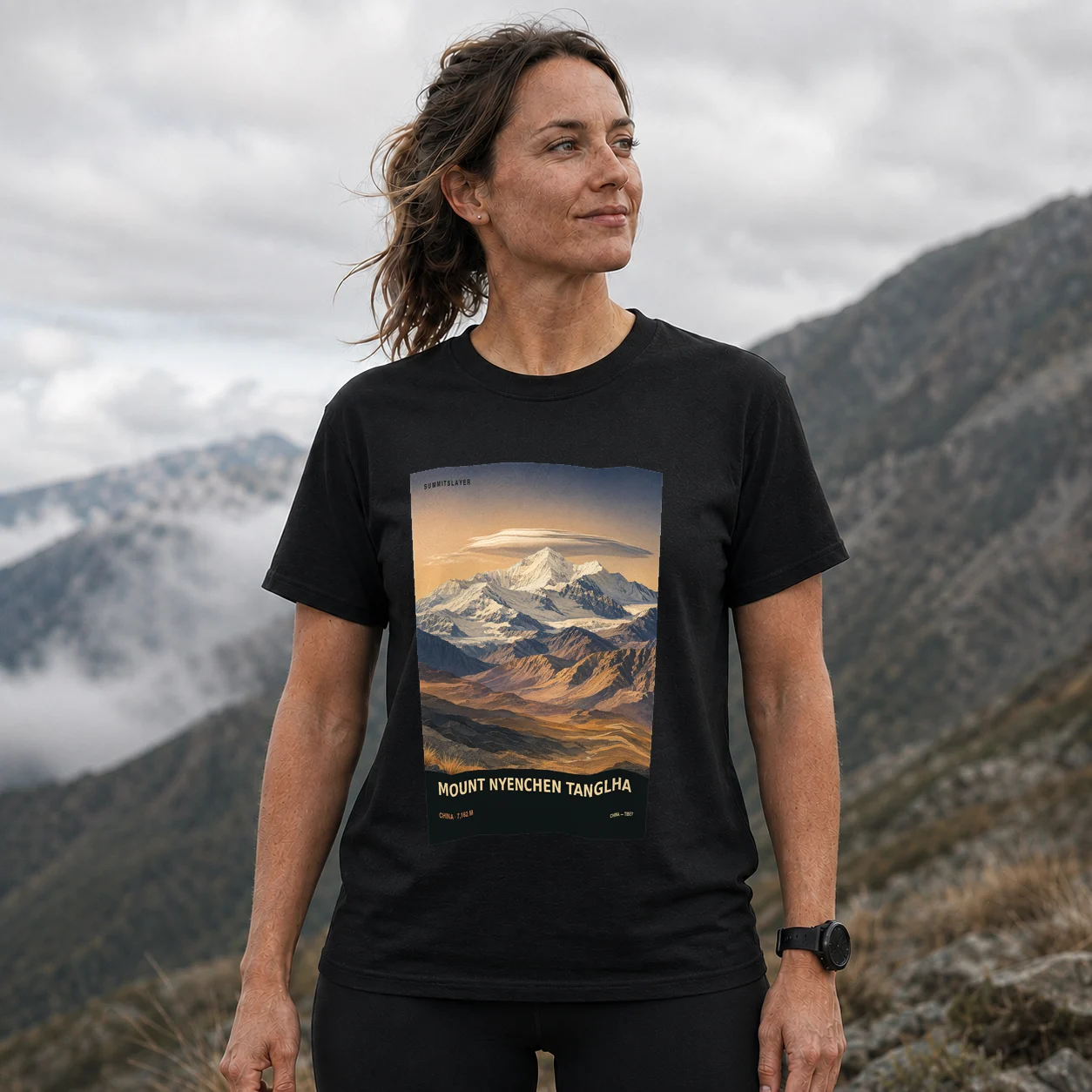 Black Nyainqêntanglha Feng T-shirt front with mountain artwork
