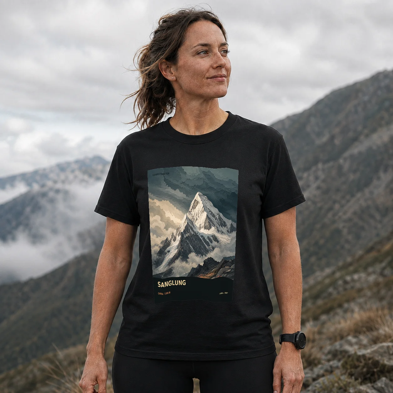 Black Sanglung T-shirt front with mountain artwork