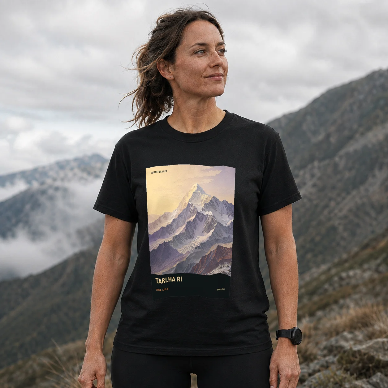 Black Tarlha Ri T-shirt front with mountain artwork