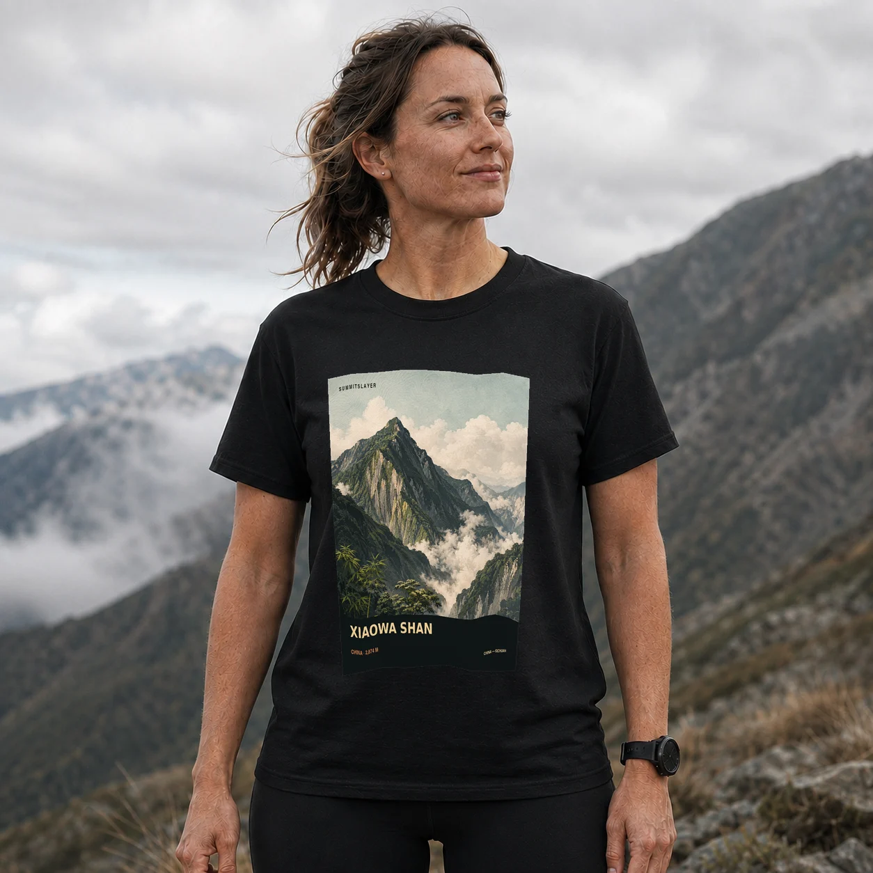Black Xiaowa Shan T-shirt front with mountain artwork