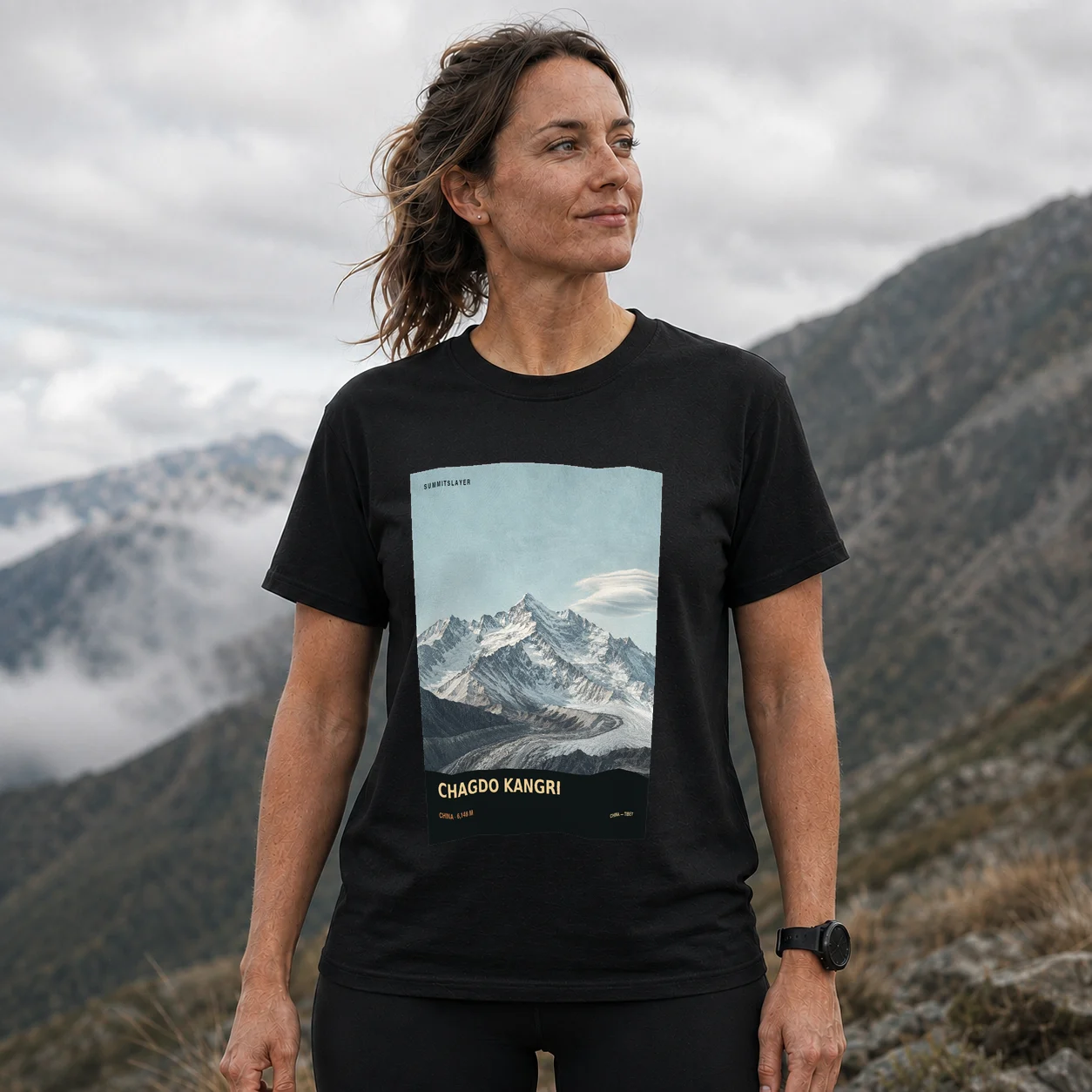 Black Chagdo Kangri T-shirt front with mountain artwork