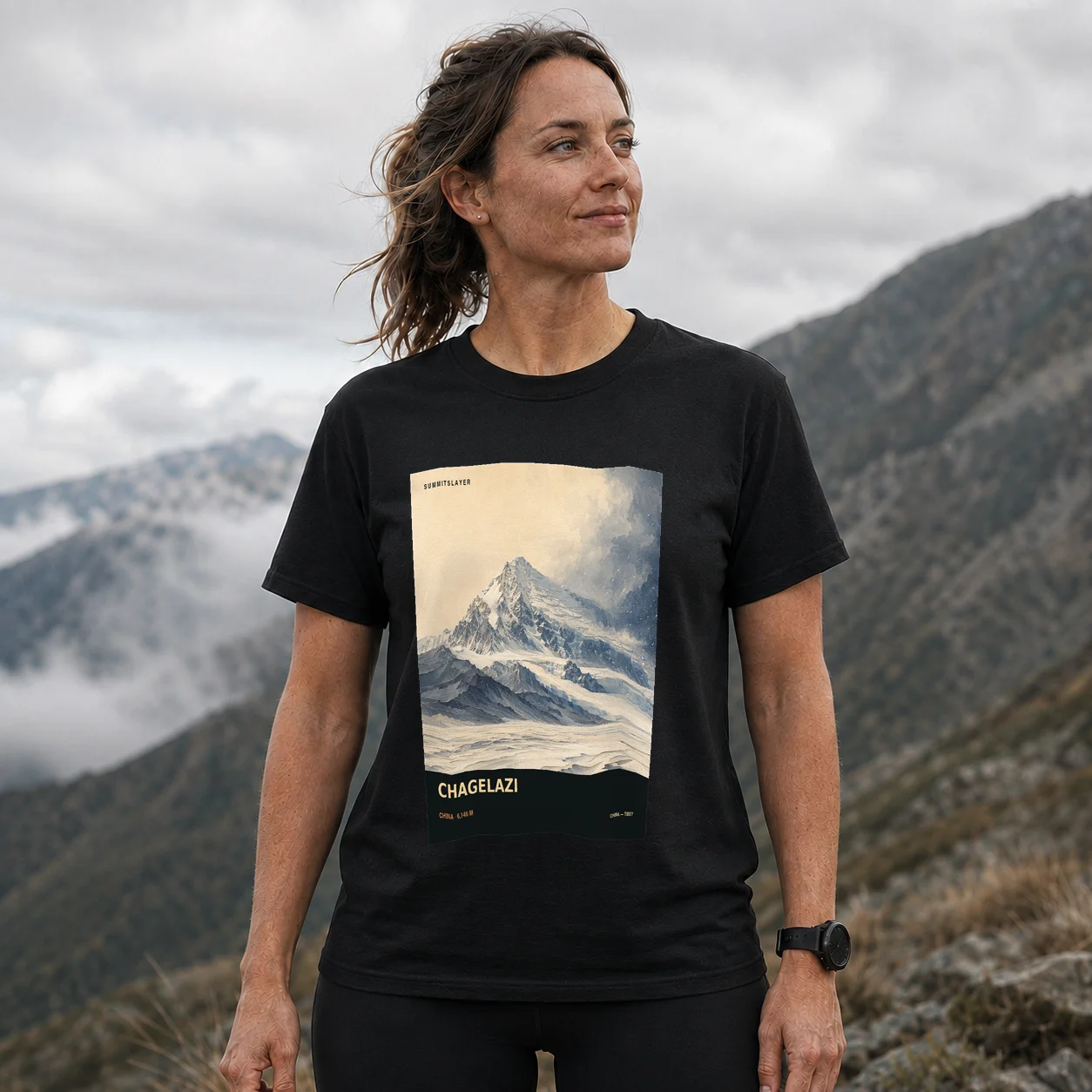 Black Chagelazi T-shirt front with mountain artwork