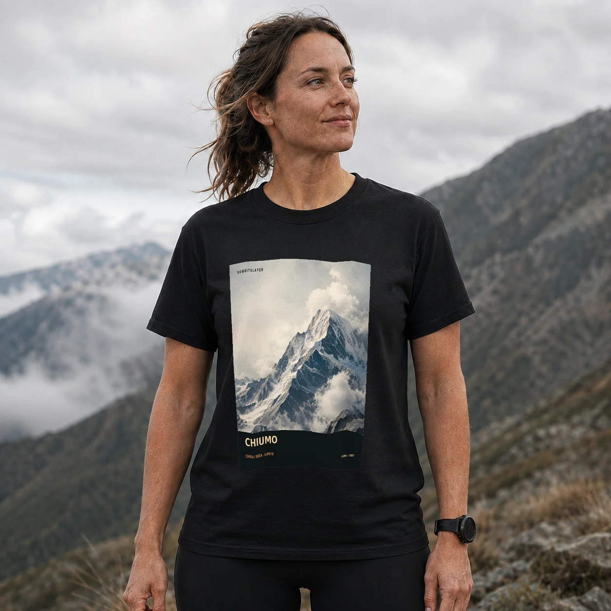 Black Chiumo T-shirt front with mountain artwork
