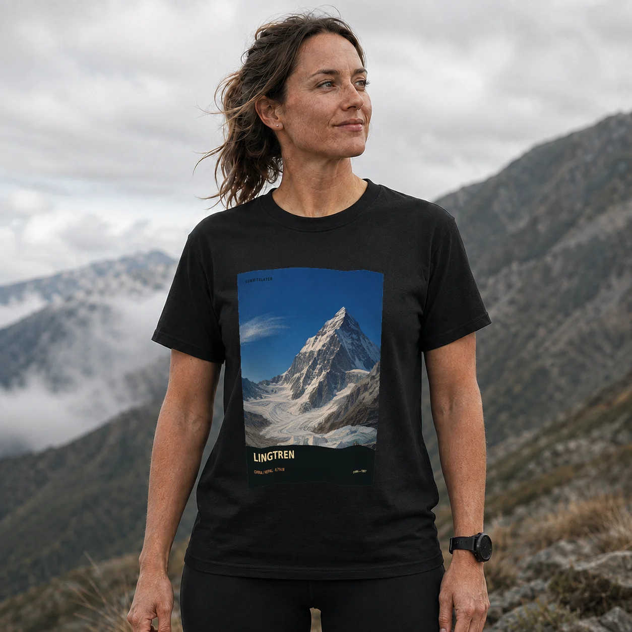 Black Lingtren T-shirt front with mountain artwork