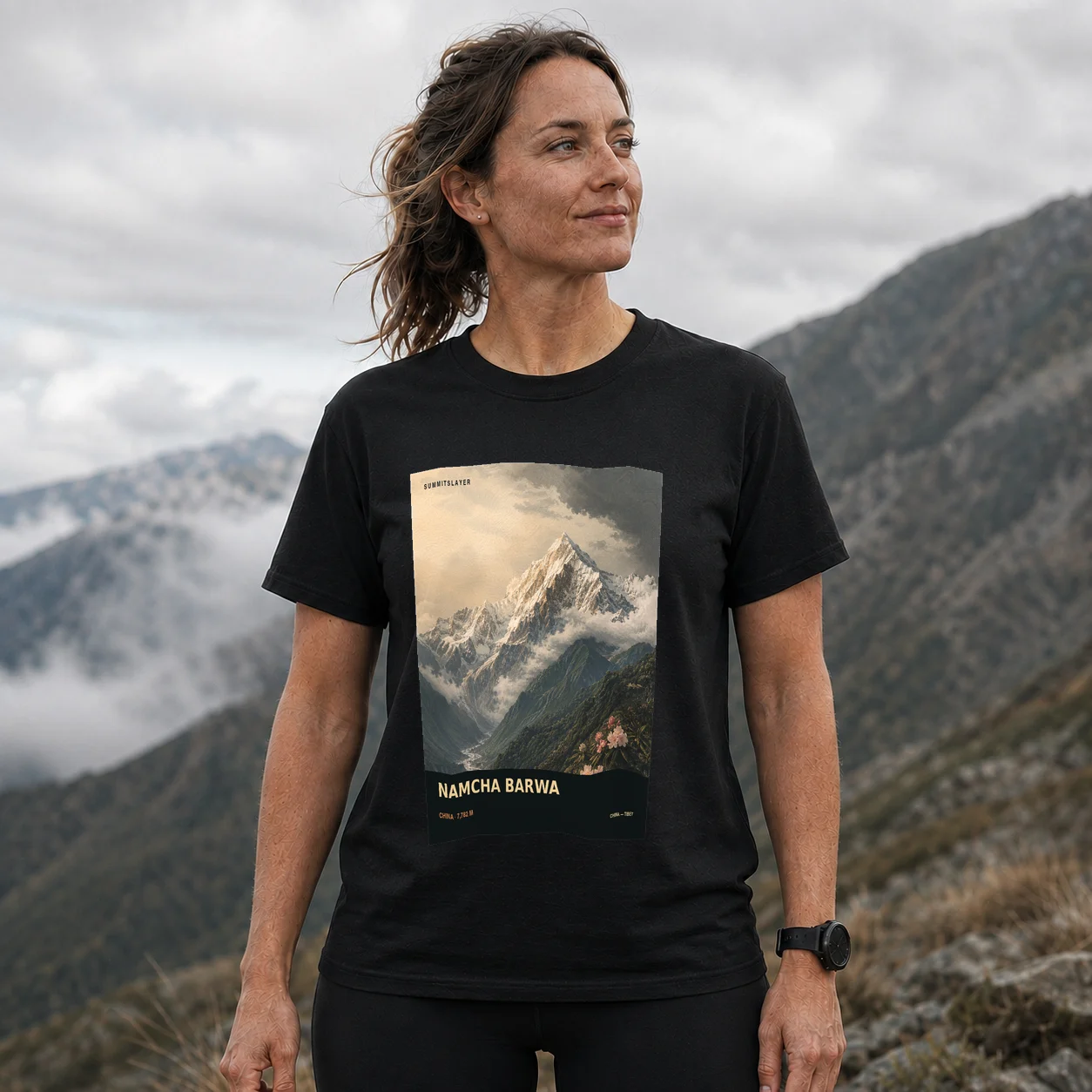 Black Namjagbarwa Feng T-shirt front with mountain artwork