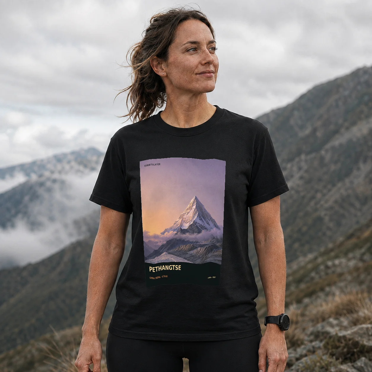 Black Pethāṅtse T-shirt front with mountain artwork