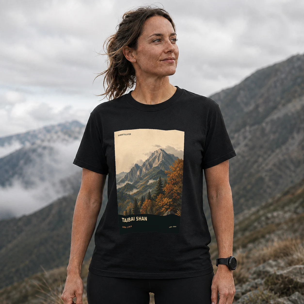 Black Taibai Shan T-shirt front with mountain artwork