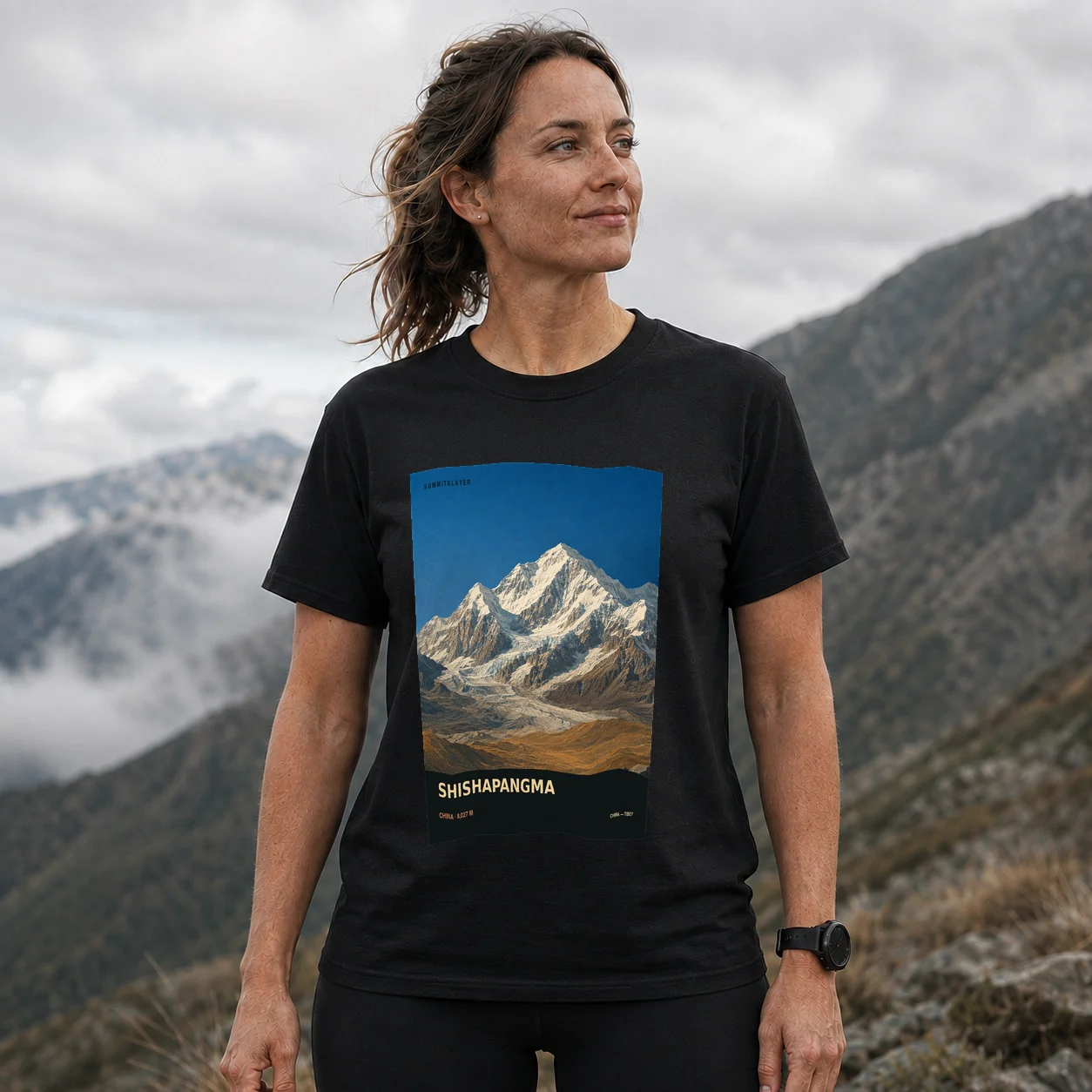Black Xixabangma Feng T-shirt front with mountain artwork