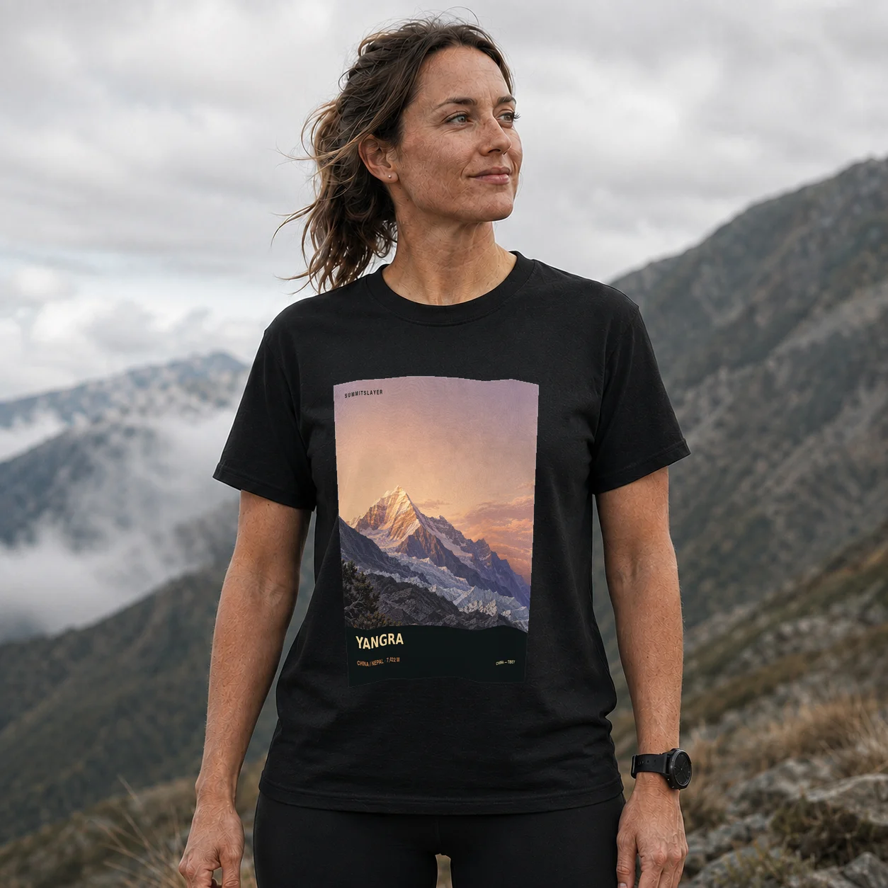 Black Yangra T-shirt front with mountain artwork