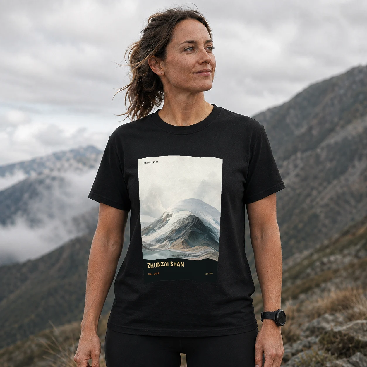 Black Zhunzai Shan T-shirt front with mountain artwork