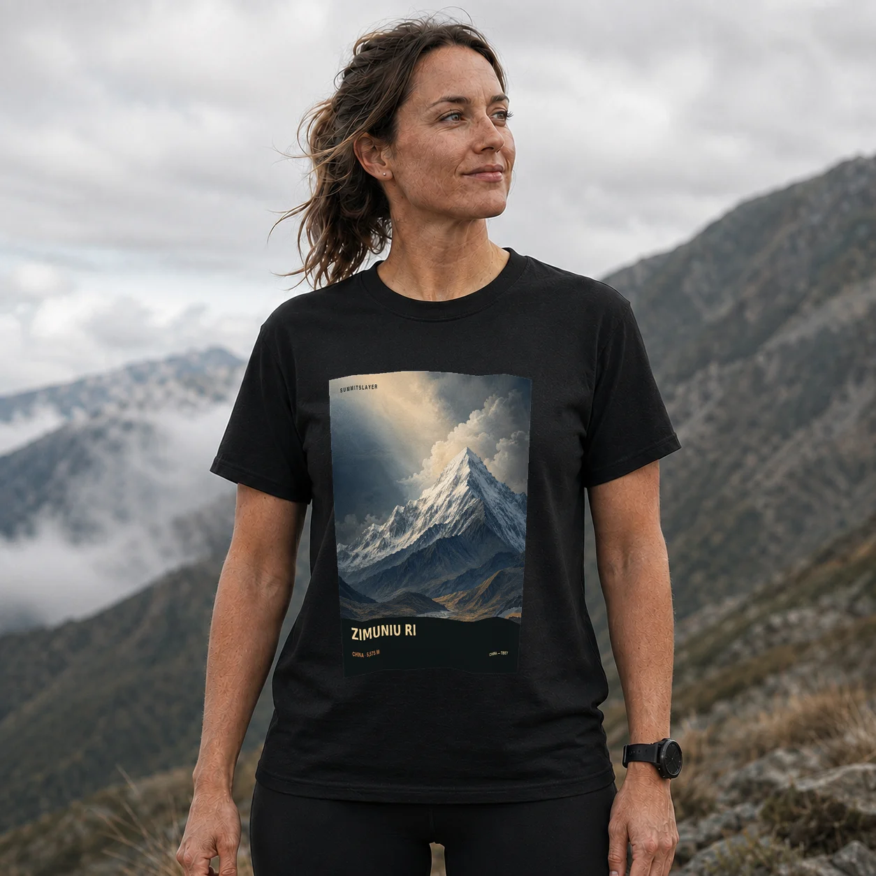 Black Zimuniu Ri T-shirt front with mountain artwork