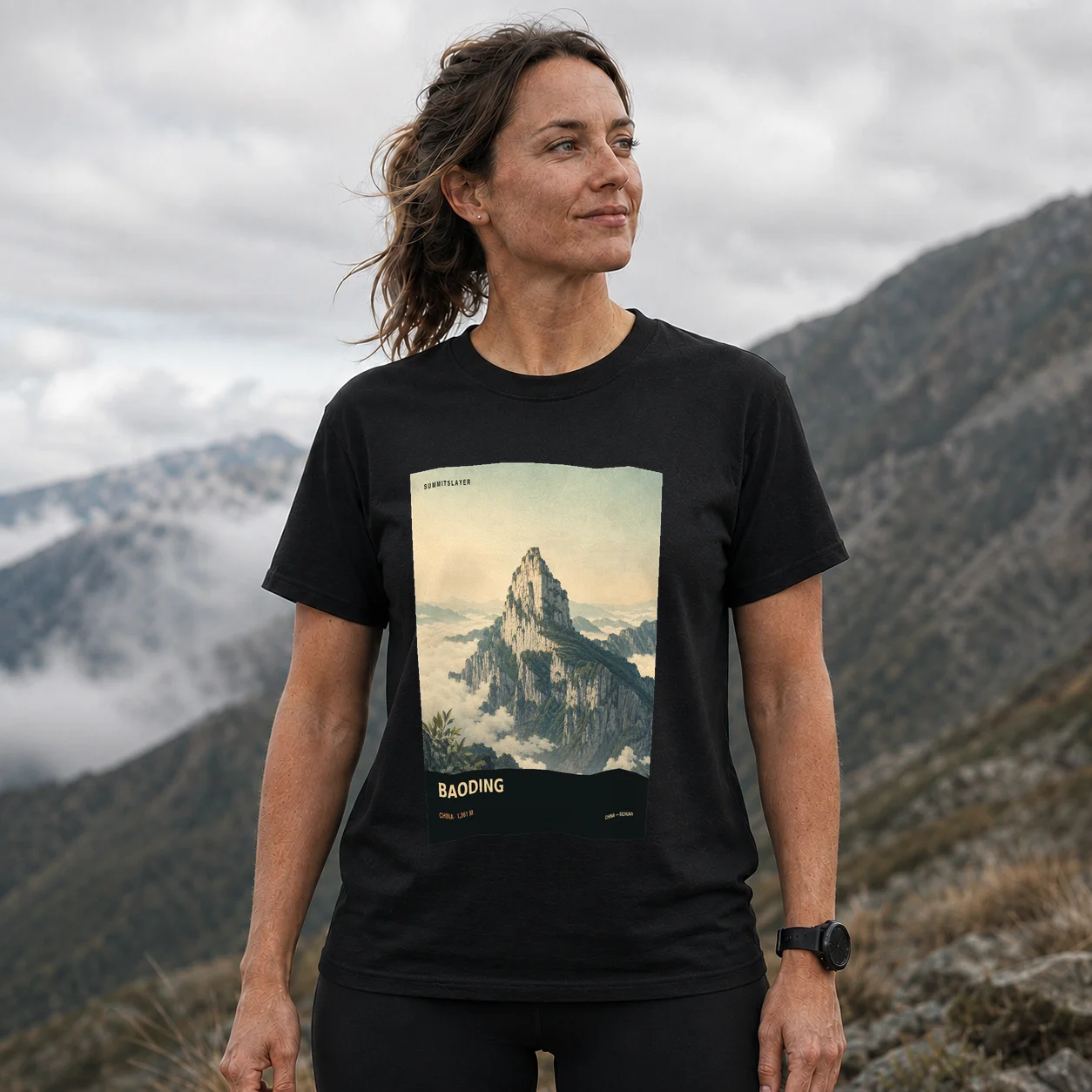 Black Baoding T-shirt front with mountain artwork