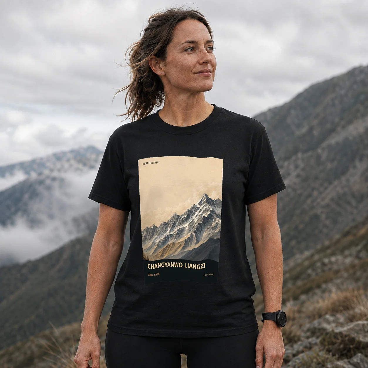 Black Changyanwo Liangzi T-shirt front with mountain artwork