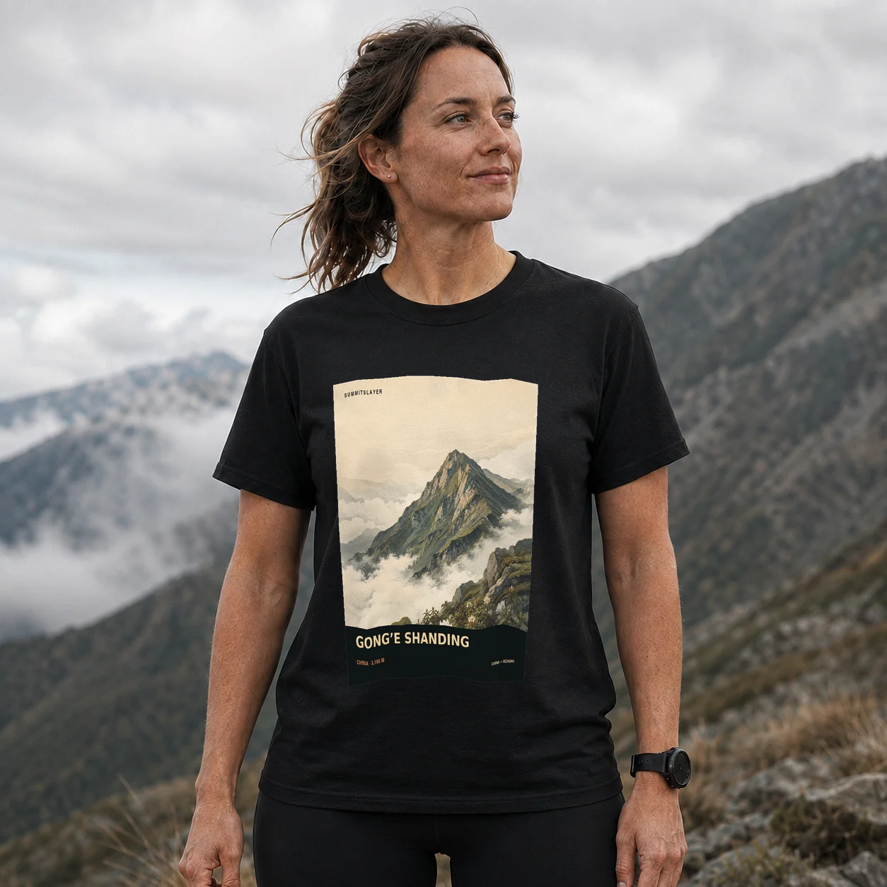 Black Gong’e Shanding T-shirt front with mountain artwork