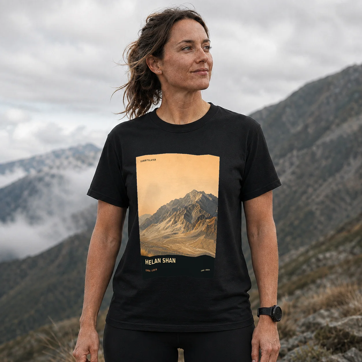 Black Helan Shan T-shirt front with mountain artwork
