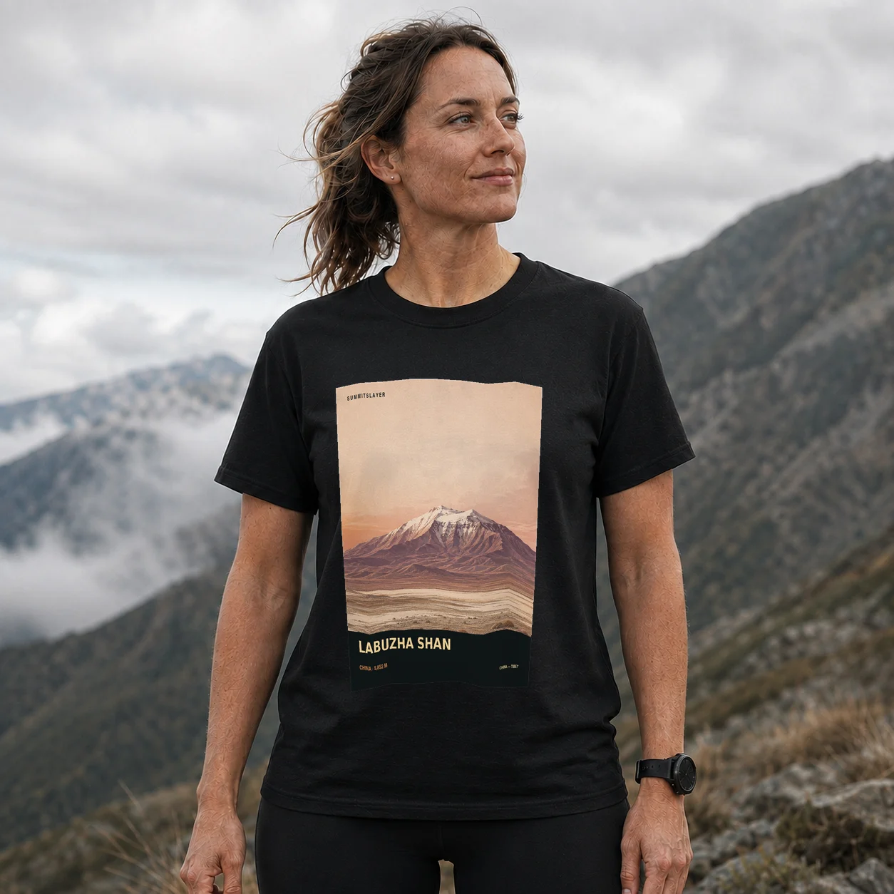 Black Labuzha Shan T-shirt front with mountain artwork