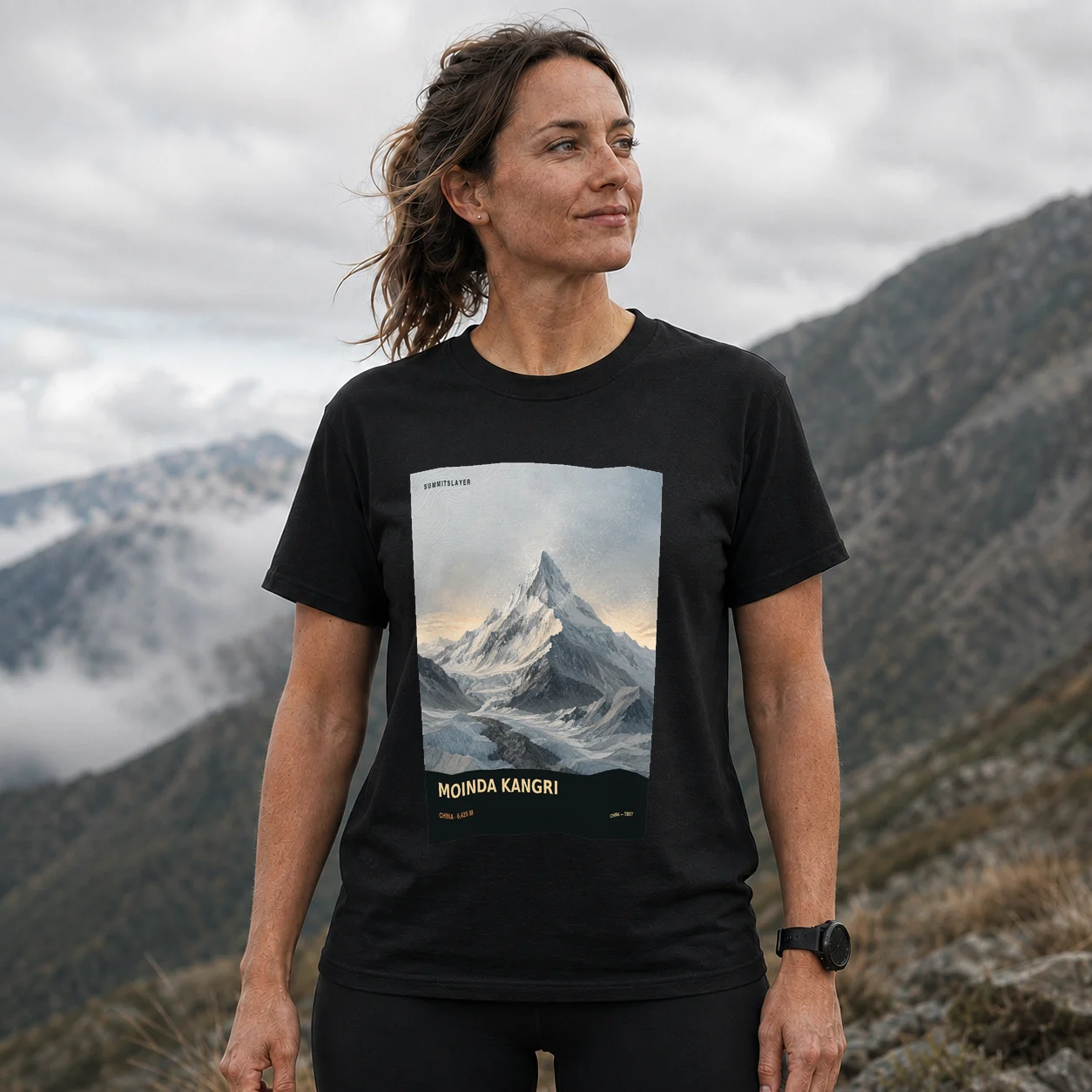 Black Moinda Kangri T-shirt front with mountain artwork