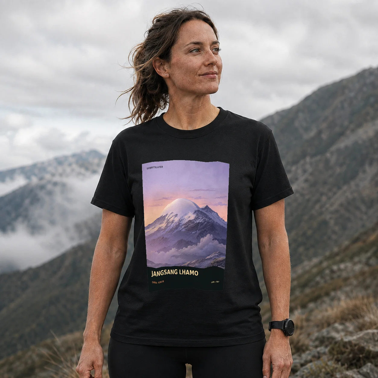 Black Qangsanglhomo T-shirt front with mountain artwork