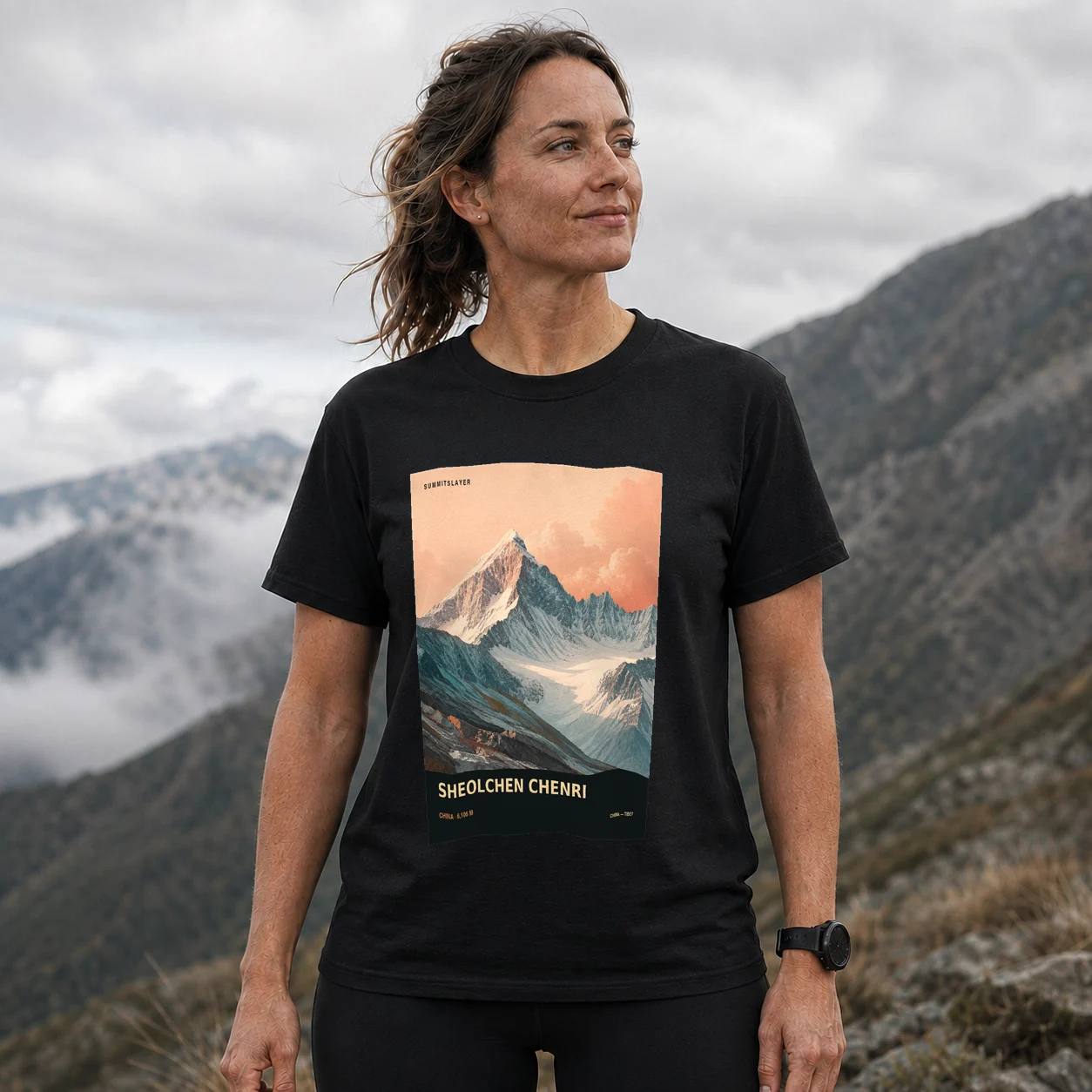 Black Xoijainqên Ri T-shirt front with mountain artwork