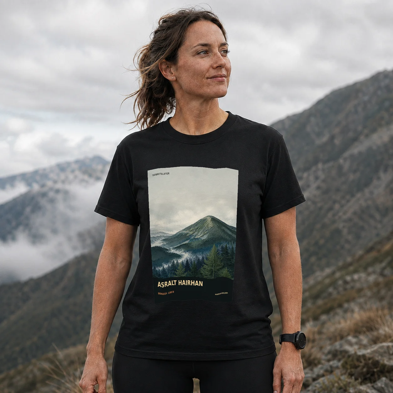 Black Asralt Hayrhan T-shirt front with mountain artwork