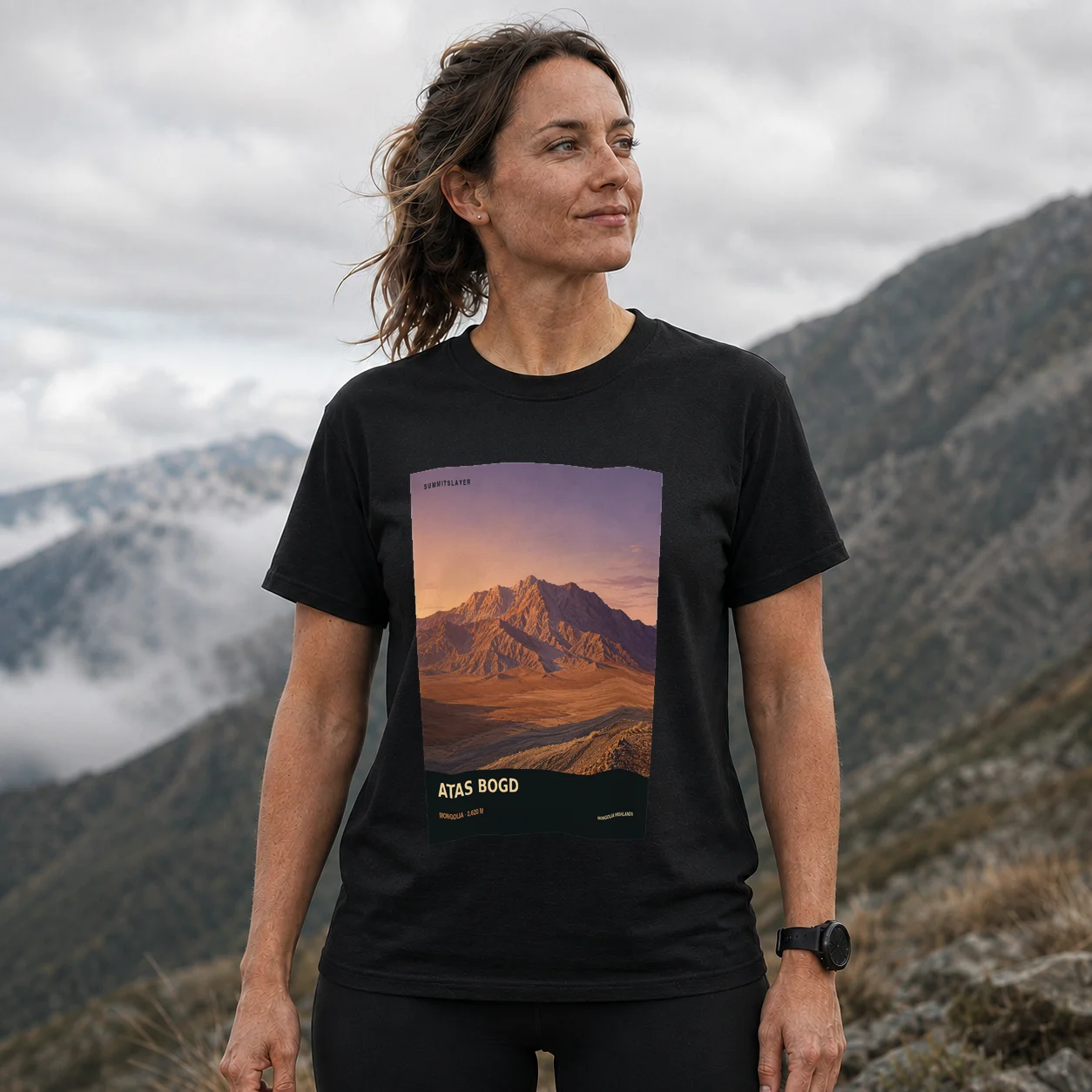 Black Atas Bogd T-shirt front with mountain artwork