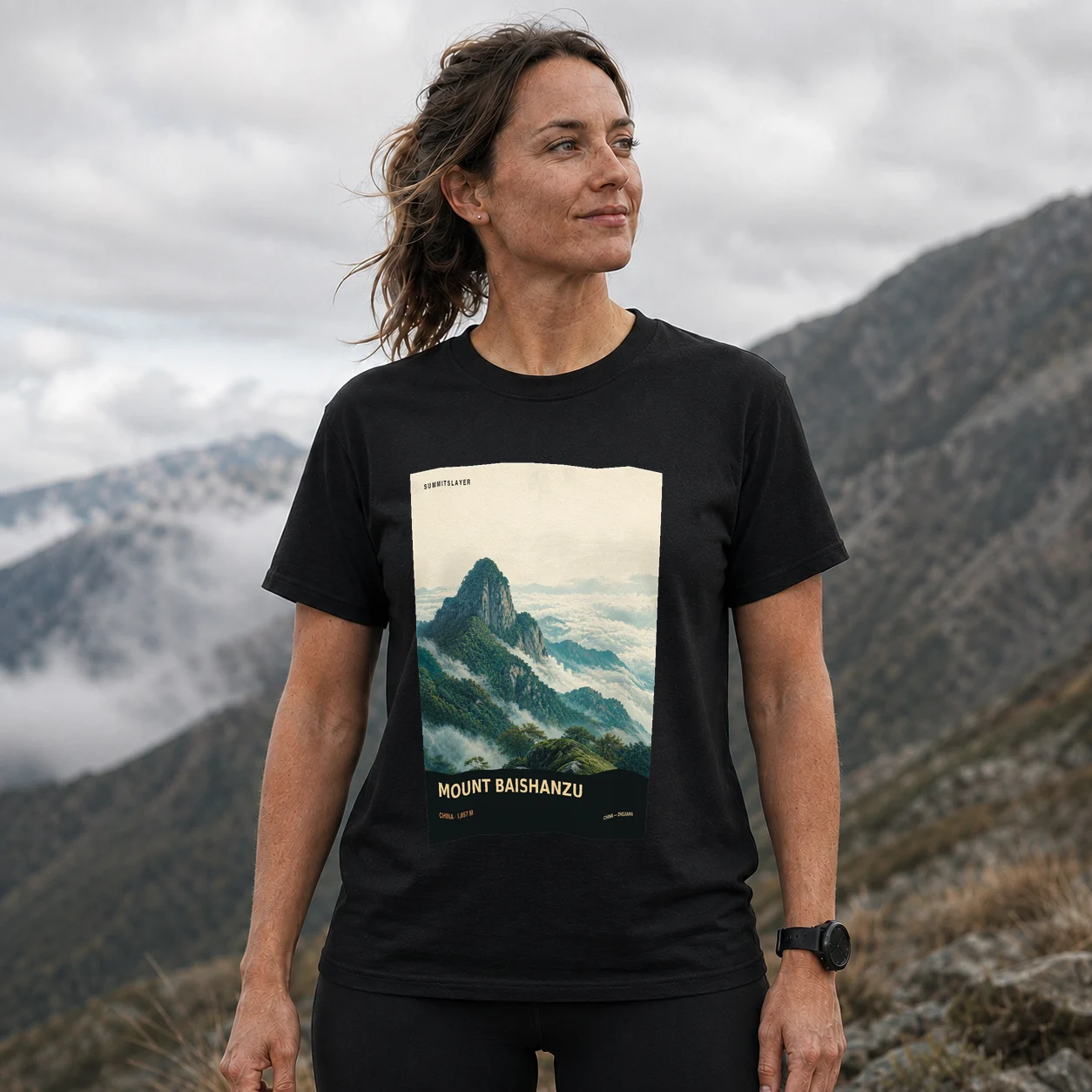 Black Baishanzu T-shirt front with mountain artwork