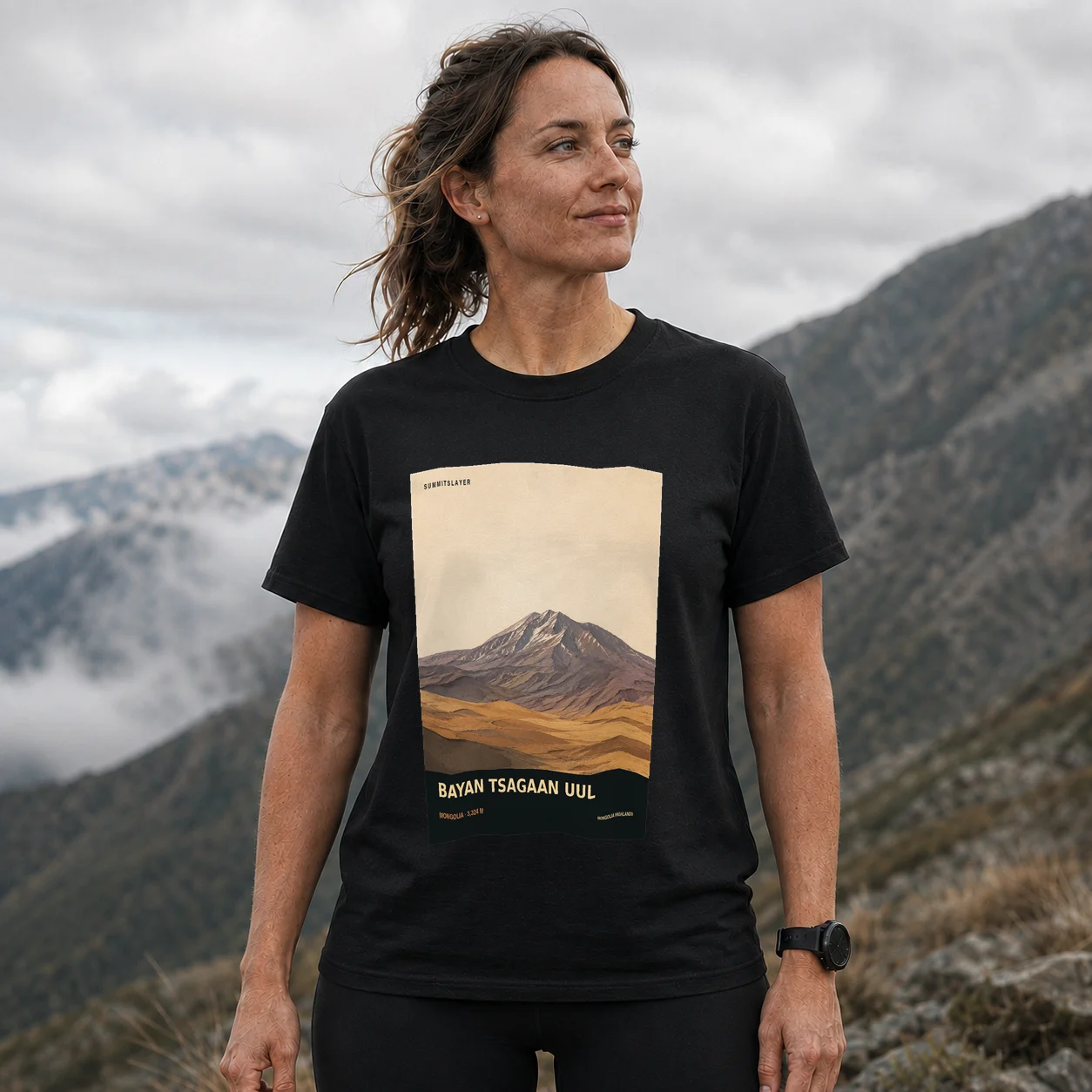 Black Bayan Tsagaan Uul T-shirt front with mountain artwork