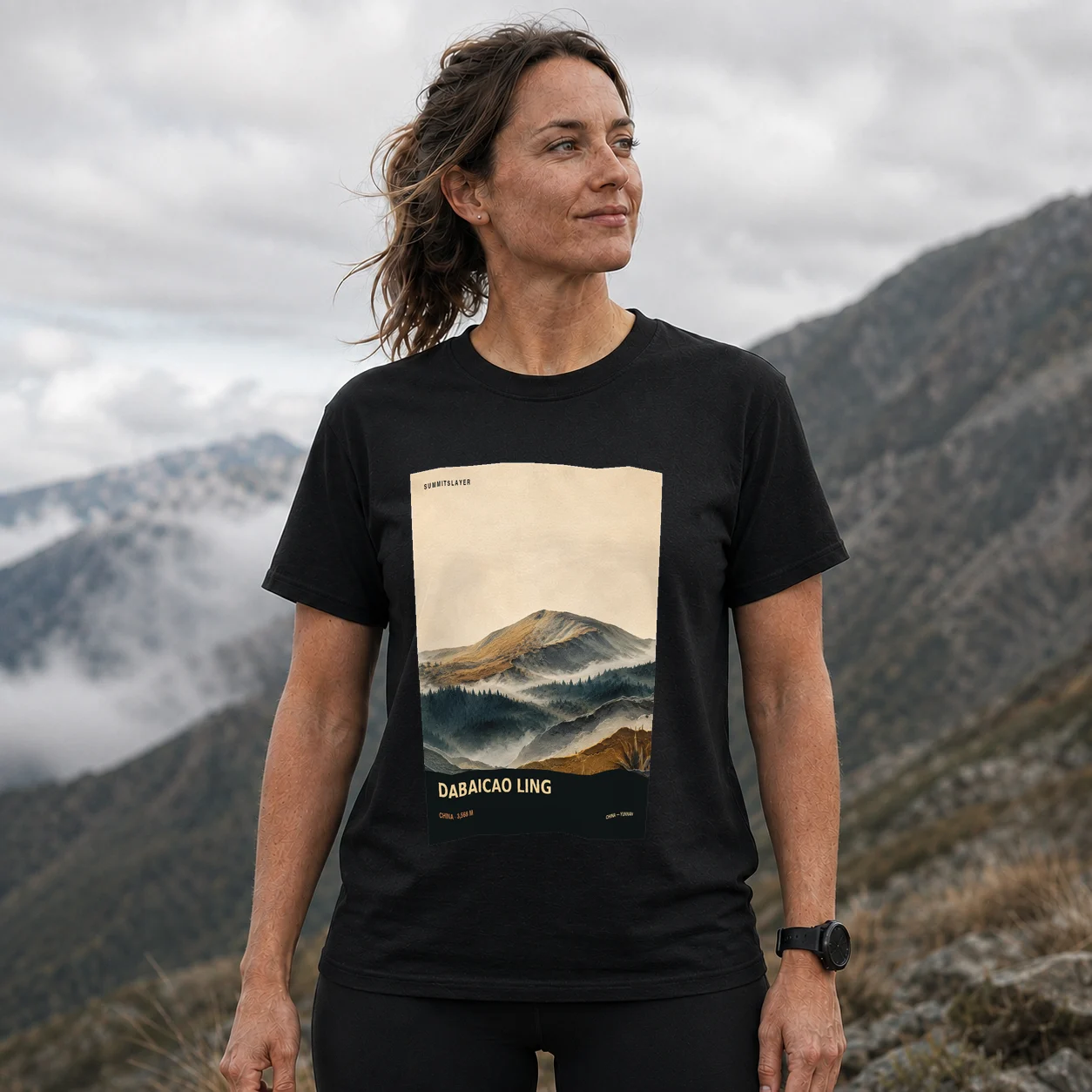 Black Dabaicao Ling T-shirt front with mountain artwork